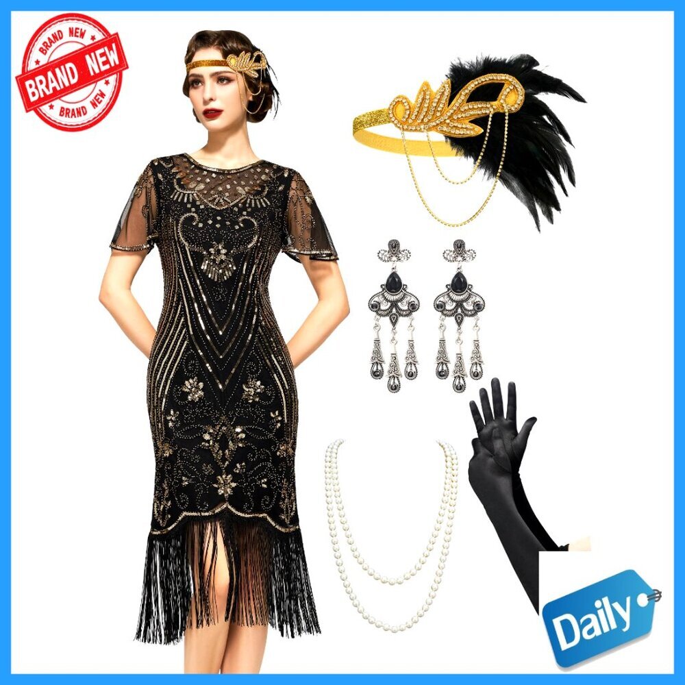 1920s Flapper Dress with Lace Neck Fringe Sleeves Prom Costume